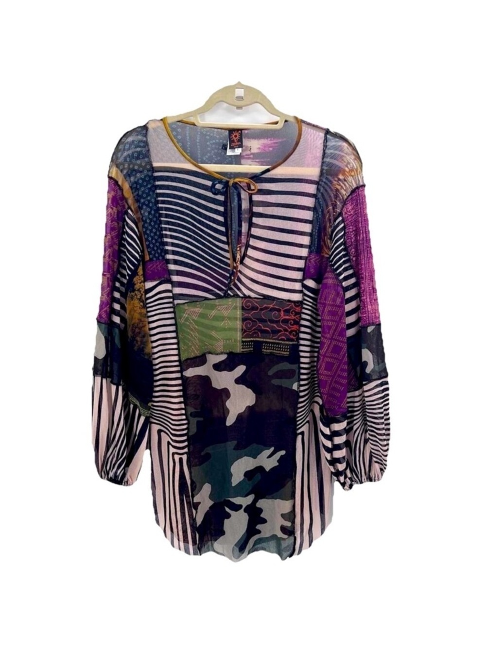 Jean Paul Gaultier Soleil Mesh Colorful Balloon Sleeve Tie Front Tunic Top Large